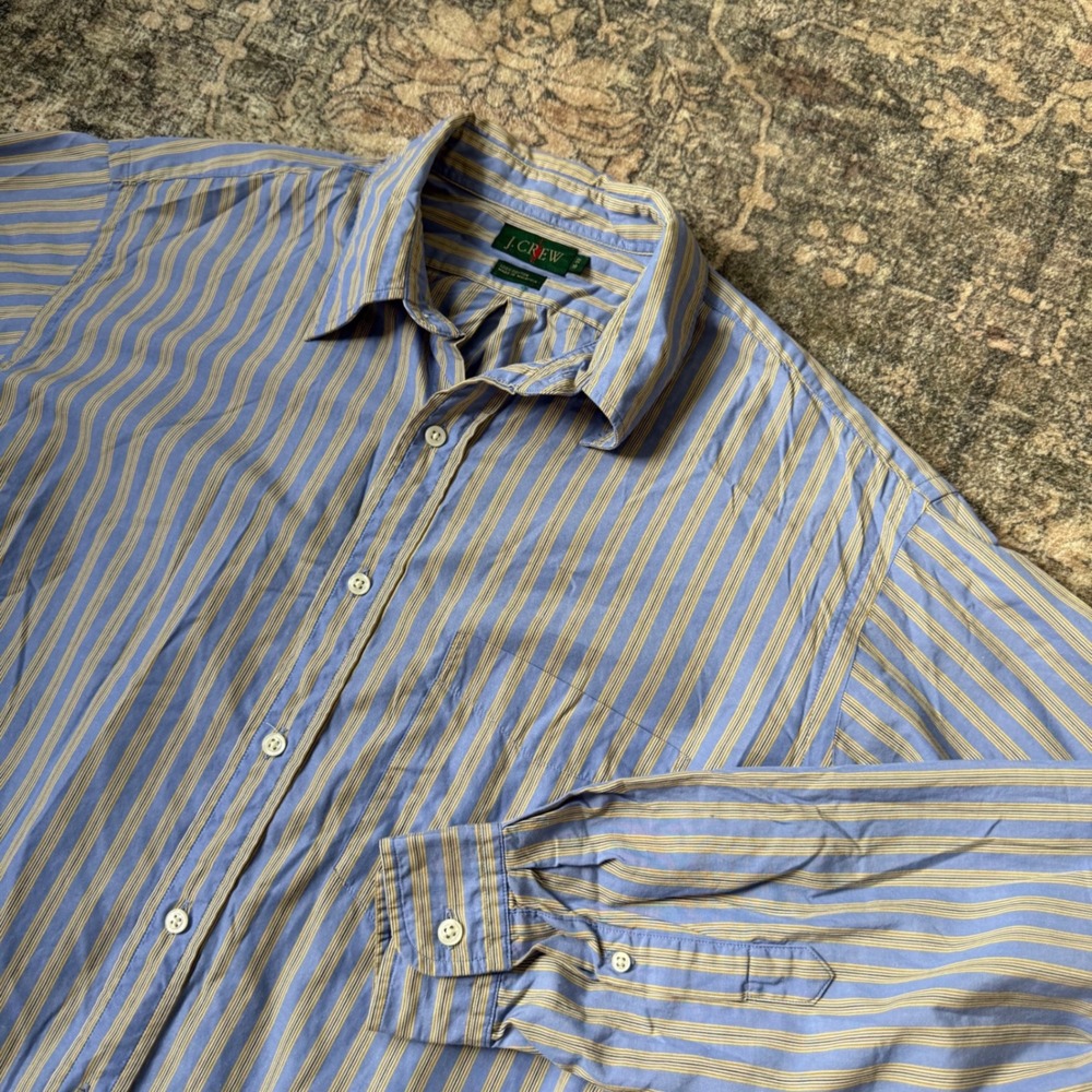 Vintage J.Crew Oarsman Button Down Shirt Blue Tan Striped Cotton Mens 16-33 L
